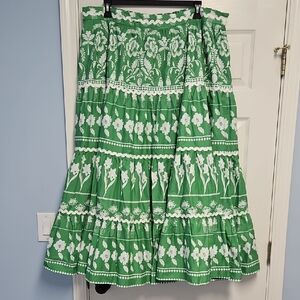Sugarlips A-Line Tiered Maxi Skirt: Green/White Floral: Size- 3X